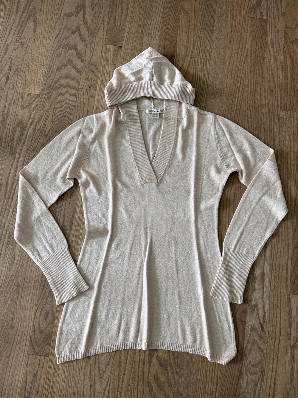 Forever 21 Cream V-Neck Hooded Lightweight Knit Sweater